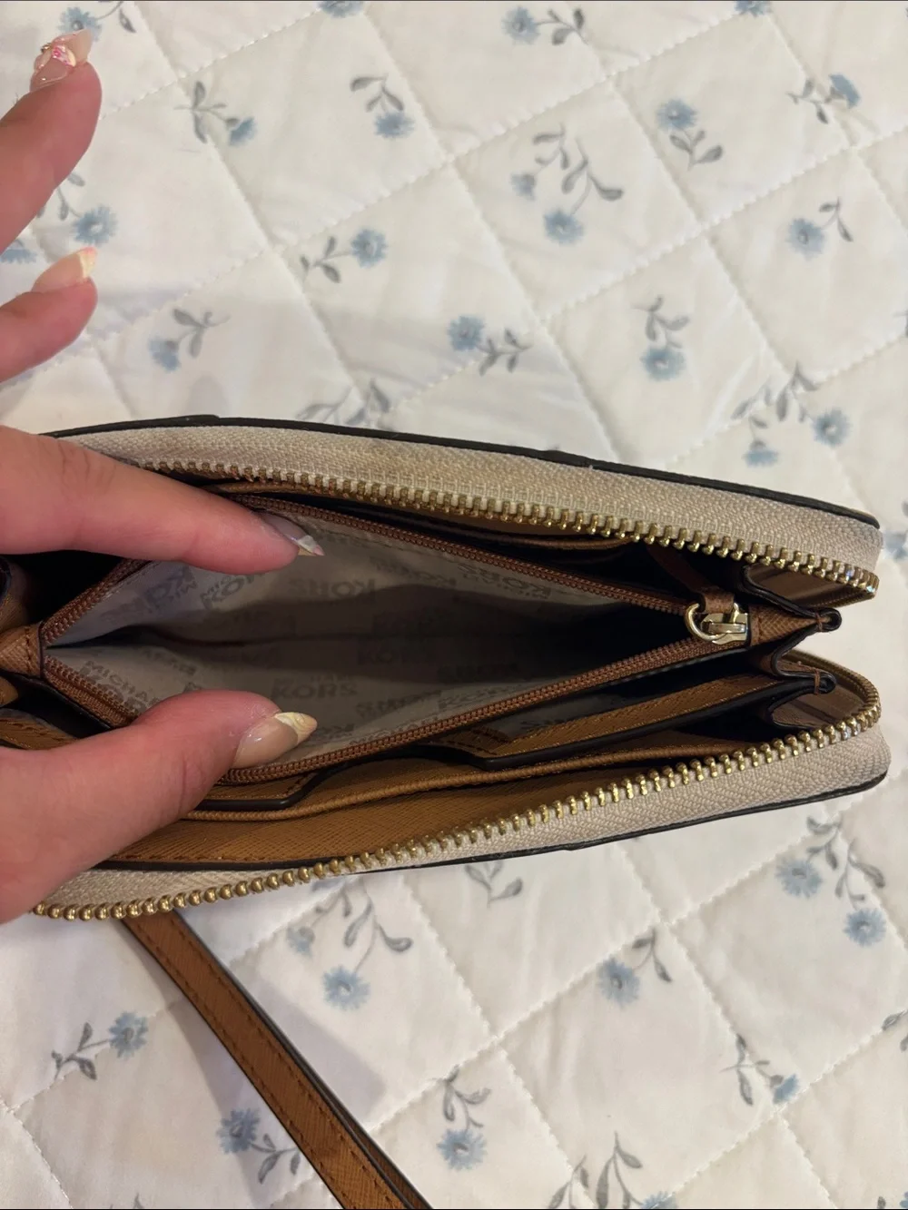 Michael Kors Cream and Brown Logo Wristlet Phone Wallet